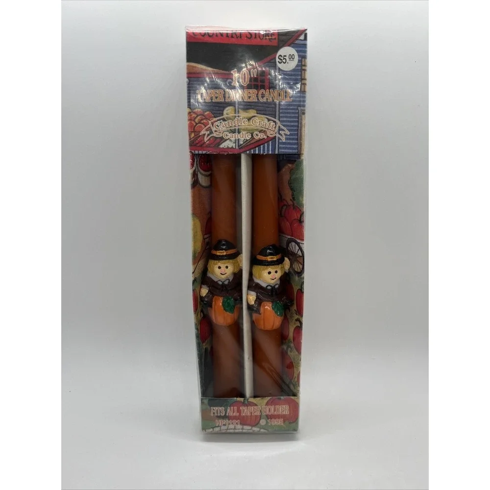 Vtg Pilgrim Taper Candles Set Fall Harvest Thanksgiving Pumpkin Autumn Farmhouse